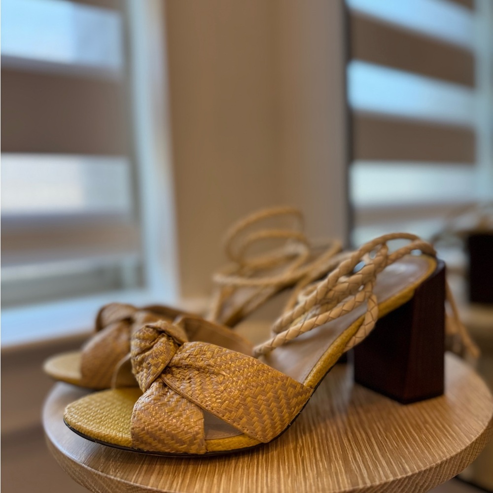 Braided Strap Tan Block Heel Sandals